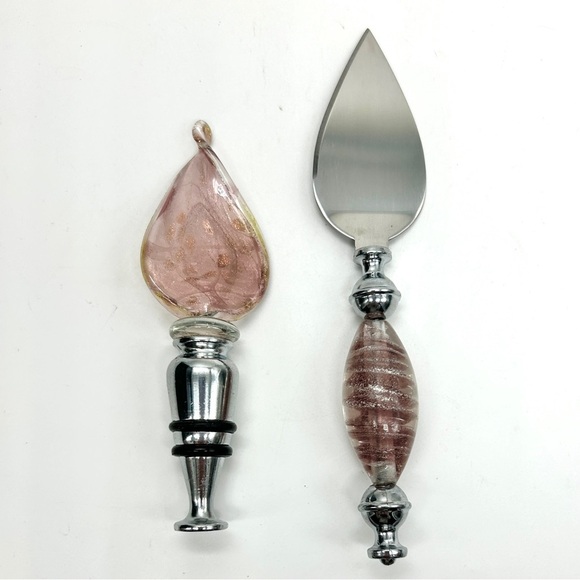 VENETIAN Glass Wine Stopper and Cheese Knife Bundle - Clear & Pink - w/ Boxes - Picture 1 of 7